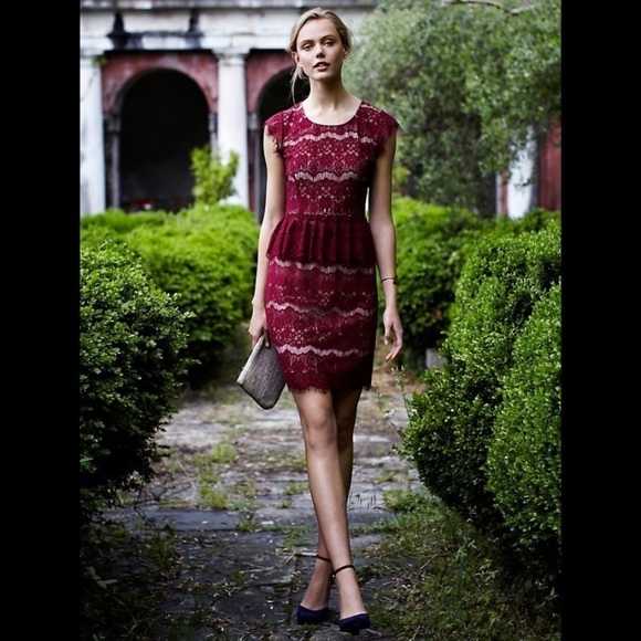 Anthropologie Maeve Burgundy Elsa Lace Peplum Cocktail Dress Size XS - Picture 3 of 15